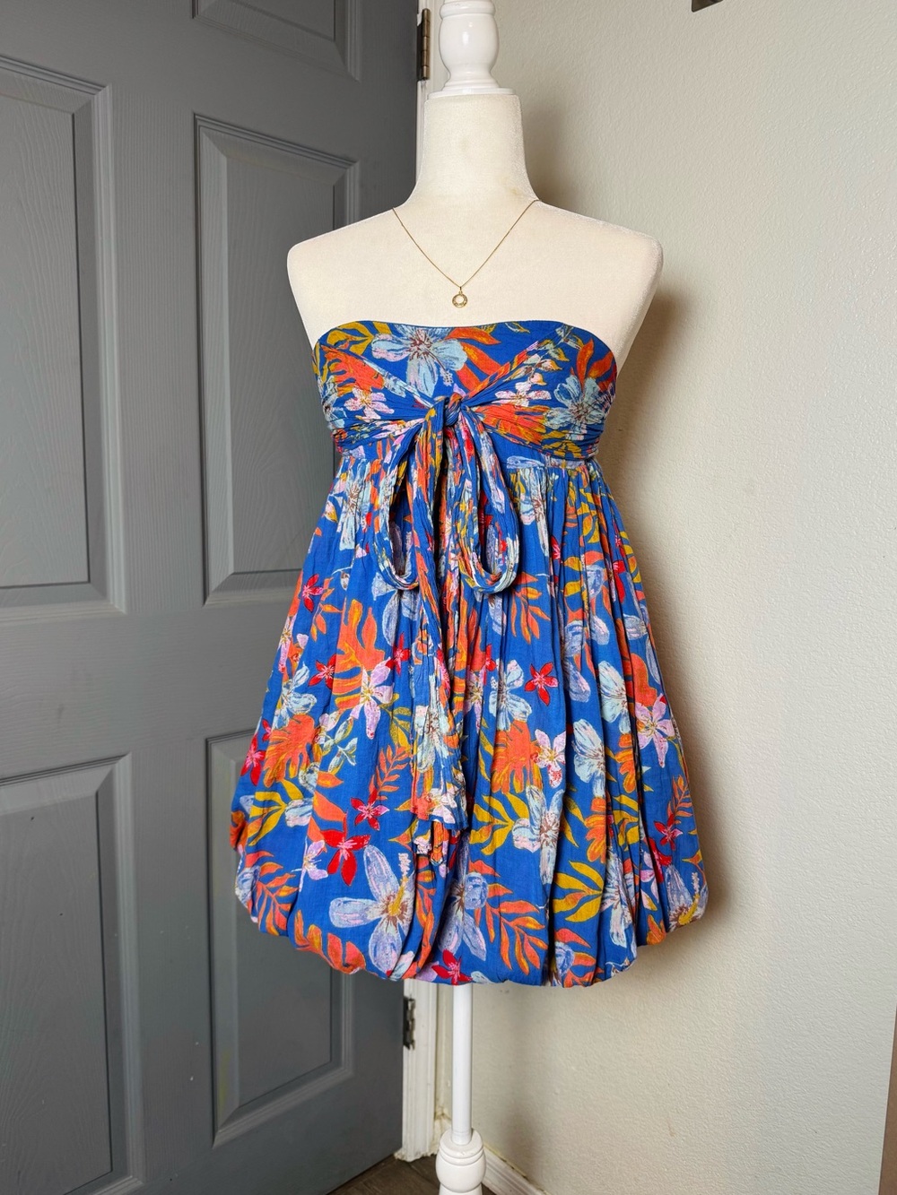 Free People Extratropical Convertible Bubble Dress Skirt Blue Floral Size M